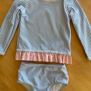 Ruffle Butts Blue & White Striped Two-Piece Swim Set with Pink Ruffle Trim